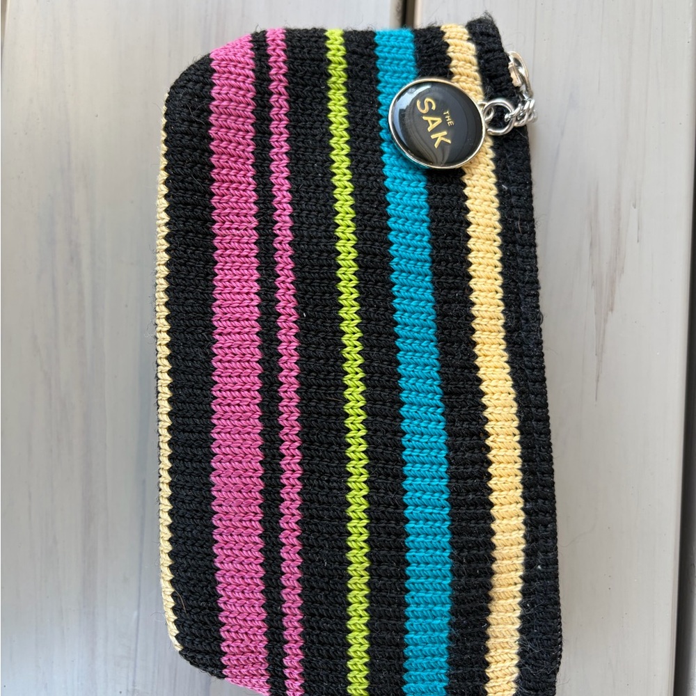 The Sak Black Crochet Wristlet with Pink, Lime, Teal & Cream Stripes